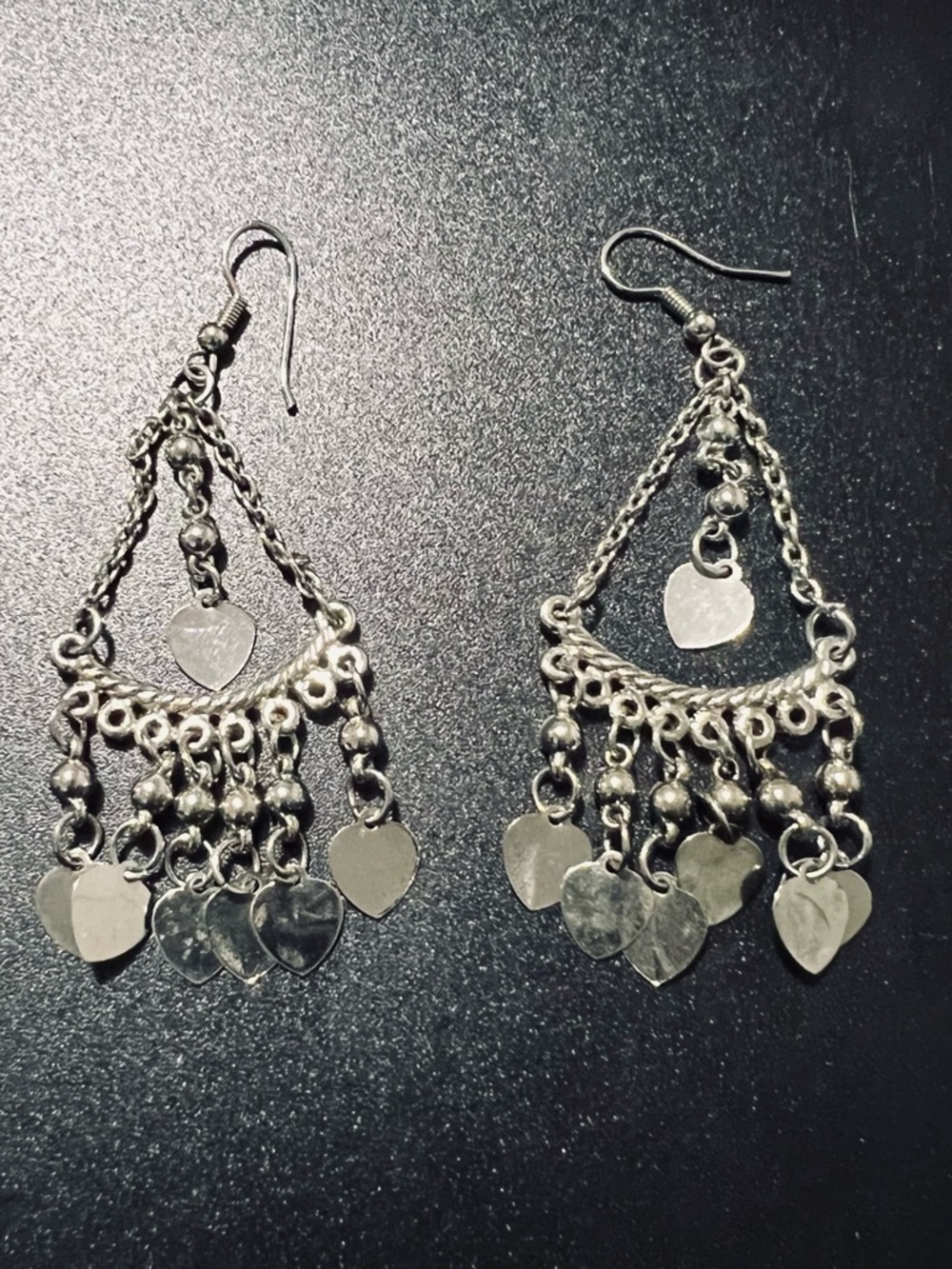 Silver Heart Chandelier Dangle Earrings - Classic Silver Tone